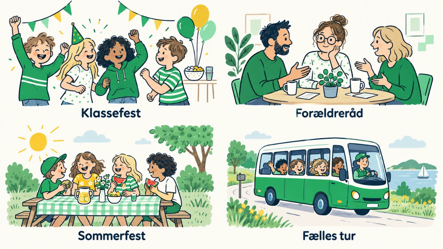 Eksempler på datoafstemninger til aktiviteter i en skoleklasse: klassefest, forældreråd, sommerfest og fælles tur.